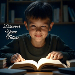 A young boy smiles softly while reading a book in a dimly lit room. The text 