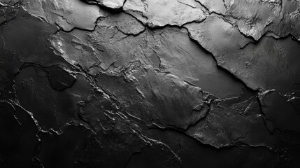 Leinwandbilder - A textured black surface displays intricate cracks and lines, creating a dramatic effect with variations in sheen and shadow as light hits it from an angle.