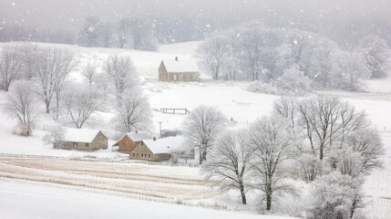 Leinwandbilder - A view of a snow-covered landscape with several houses and trees, with snow falling in the distance.