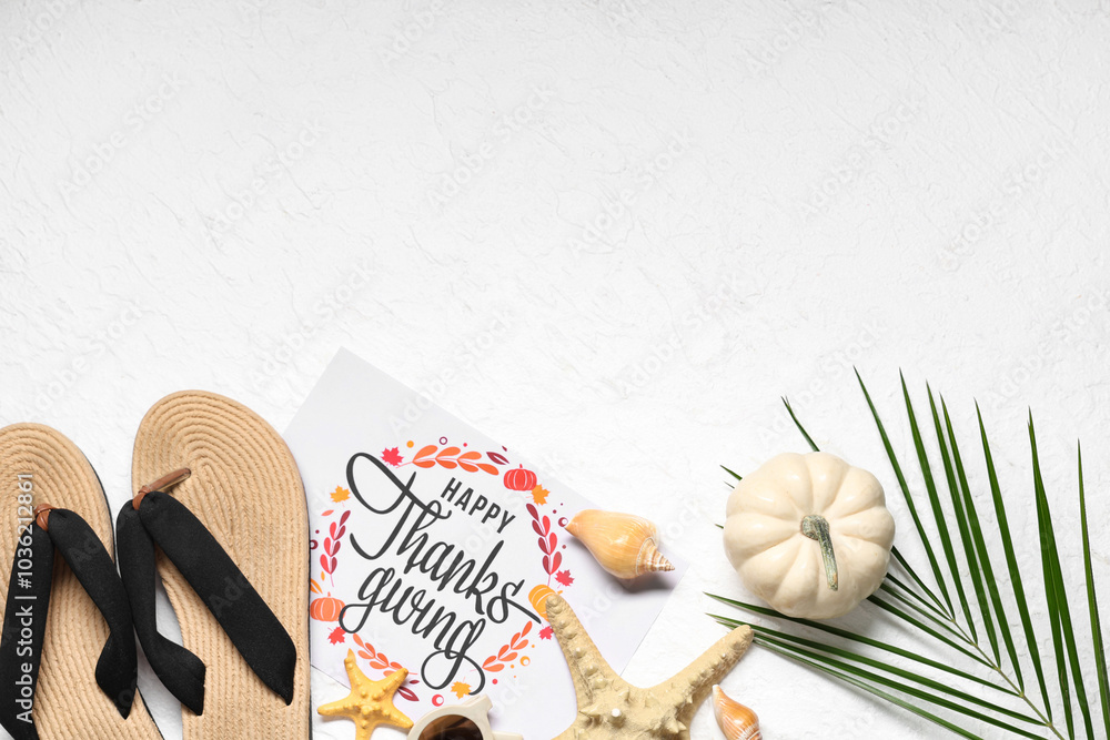 Card for Thanksgiving Day with flip-flops, pumpkin and palm leaf on white background
