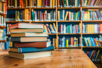 stack of books and cantovars on wooden table and blurred bookshelf in library room, education, back 