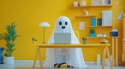 A cute white ghost sitting at the yellow desk with a laptop, in a bright room with a modern interior, a Halloween concept, a funny character in an action pose