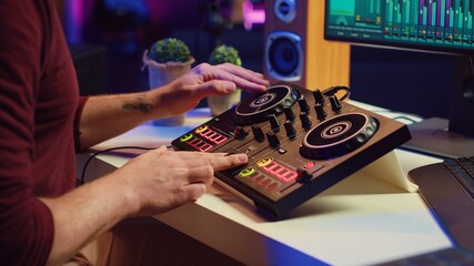 Aufkleber - Sound engineer mixing and mastering sounds with electronic audio console, pressing controls and pre amp knobs. Music producer improving sound quality, synchronize soundtracks. Camera A.