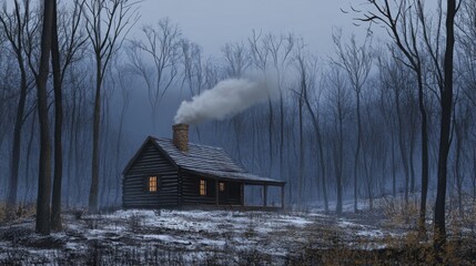 In a tranquil forest at dusk, a rustic wooden cabin sits peacefully amid bare trees. A gentle plume of smoke rises from its chimney, illuminating the scene with a warm glow from the windows.