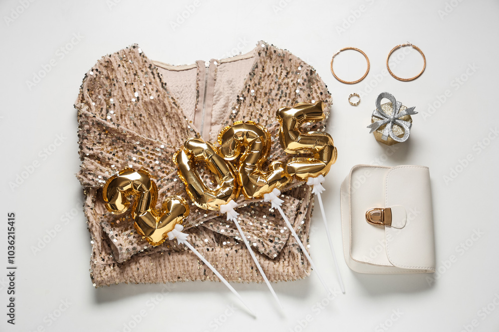 Composition with stylish dress, bag and Christmas decorations on white background