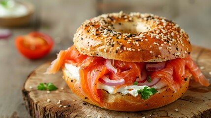 Bagel with lox and cream cheese on a wooden table, white background