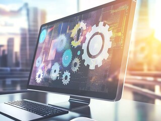 computer screen with application opened and gears icons