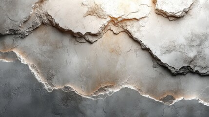 Fototapete - The artwork displays a textured surface composed of layered plaster, featuring cracks and varying tones that create a dynamic visual effect, illuminated softly.
