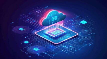 Fototapete - Cloud Computing Data Transfer to a CPU with Neon Lines