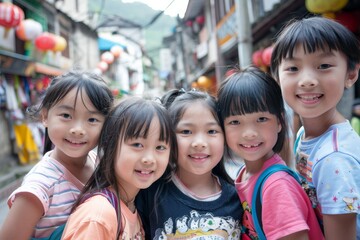 Group of happy asian kids smiling in the street. Lifestyle concept.