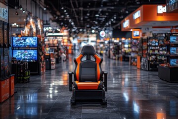 A gaming chair sits prominently in a modern electronics store with vibrant displays in the background