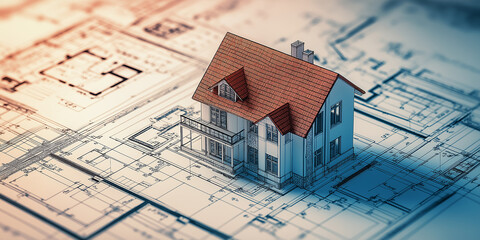 Aufkleber - Miniature model house standing on top of blueprints in an architect's office