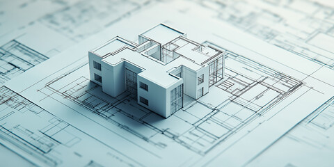 Modern architectural model sitting on top of blueprints