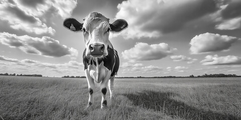 Curious cow standing in green field under cloudy sky