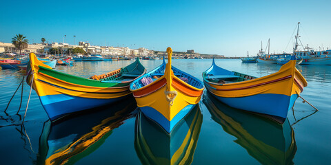 Colorful traditional luzzu boats floating peacefully in the harbor of marsaxlokk, malta