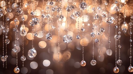 A glamorous photo backdrop featuring radiant diamonds and gemstones on top, with vertical rows of glowing pearls below for a luxurious touch
