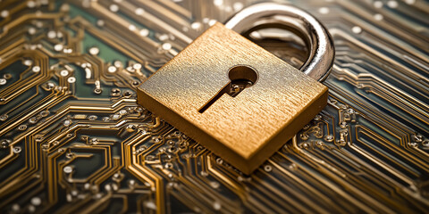 Poster - Golden padlock sitting on a circuit board protecting data