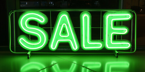 Poster - Green neon sign advertising sale with reflection