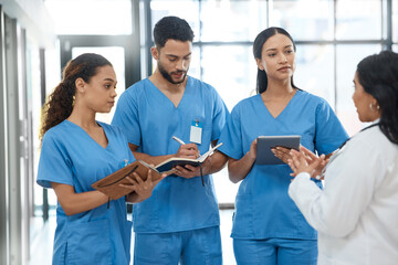 Aufkleber - Doctors, tablet and people with discussion in hospital for healthcare schedule, planning surgery and feedback. Woman, teamwork and digital research of medical advice, checklist and report information