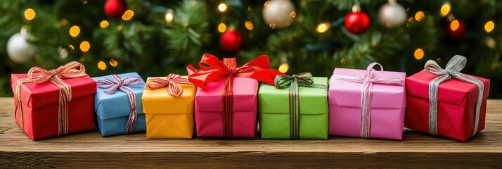 Many gift boxes wrapped in multi-colored paper on a wooden table against the background of a beautiful Christmas tree, copy space. Merry Christmas and Happy New Year greeting concept , ai