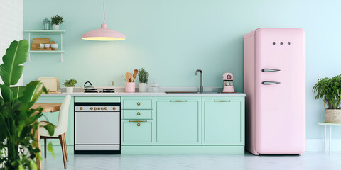 modern kitchen interior with pastel colors featuring plants and pink refrigerator