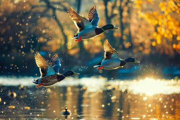 Wall Mural - wild ducks flying freely over the lake. birds in nature.