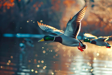 Wall Mural - wild ducks flying freely over the lake. birds in nature.