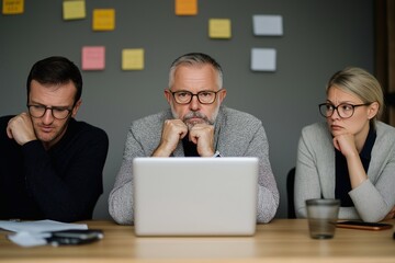 Three concentrated serious business people working in office sitting at the desk with laptop on workplace looking at computer monitor screen analyzing company finances.