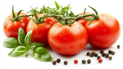 Vine-ripened tomatoes herbs arranged white background showcasing natural vibrant produce. AI generated.