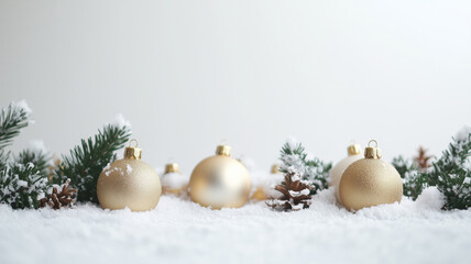 Close up of golden Christmas ornaments lying on the snow