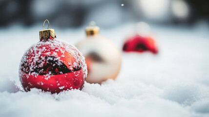 Close up of colorful Christmas ornaments lying on the snow