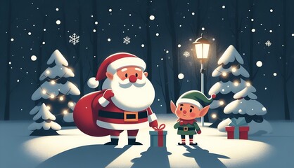 minimalist illustration a cheerful, animated winter scene featuring santa claus on the right standin