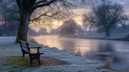 Poster - A solitary bench sits frost-covered beside a calm river, with a misty morning glow illuminating the landscape. Bare trees frame the peaceful scene as the day begins softly at dawn.