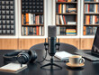 © Vectplus - podcast setup, microphone and coffee on the table