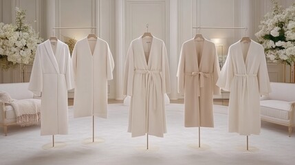 A variety of garments, including coats and dresses in neutral hues, are elegantly arranged on a rack against a stylish gray backdrop