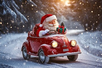 Santa Claus drives the red toy car and delivers presents and christmas tree snowy winter forest at christmas night background. Holidays card. Christmas or new year background. Holidays card, ai