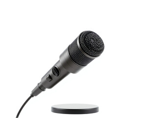 A microphone on a stand positioned against a clean white background, emphasizing its sleek design and functionality