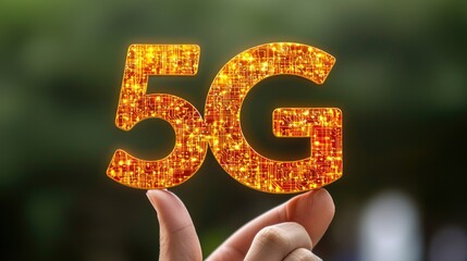 Fototapete - A Hand Holding a Glowing 5G Symbol Made of Circuitry