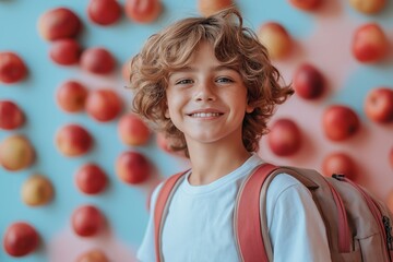 Smiling young boy with backpack against colorful fruit background. Healthy snack