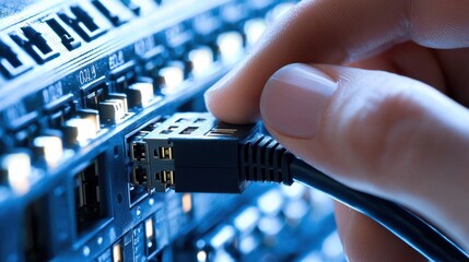 Poster - Close-up of a Hand Connecting an Ethernet Cable to a Network Device