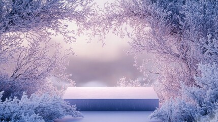 Leinwandbilder - A tranquil winter setting showcases a platform nestled between frosted trees. The soft morning light bathes the scene in a gentle glow, creating a peaceful, serene atmosphere.