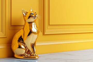 a sleek, golden cat figurine sits against a bright yellow wall, adding a modern touch to the decor.