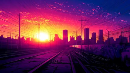 1980s urban scene, tall shimmering skyscrapers silhouetted by a vivid sunset, graffiti-covered walls below bursting with bright colors and bold shapes