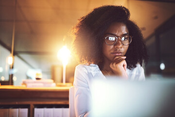 Aufkleber - Black woman, thinking and night with laptop or glasses for business decision or project deadline at office. Young African, female person or employee working late in wonder or contemplating choice