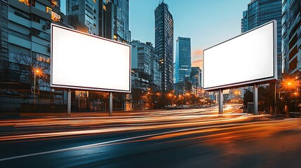 two empty white billboards facing the highway, ready for future content, cars speeding past.