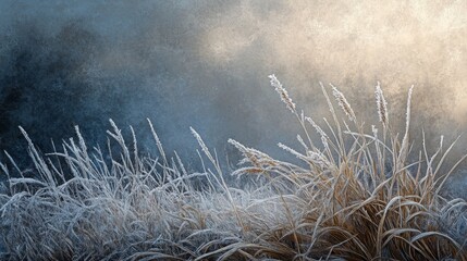 Leinwandbilder - Delicate frost blankets the grass as it sways softly in the morning breeze. The serene atmosphere is enhanced by a soft light illuminating the landscape, reflecting the tranquility of nature at dawn.