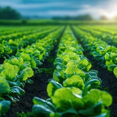 Lush green lettuces thrive in a vibrant field under a bright sky. This image captures the essence of agriculture and organic farming in a rural landscape.