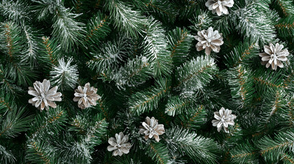 Lush green pine branches dusted with artificial snow creating a natural and textured christmas background