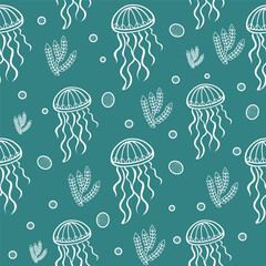 jellyfish in a white outline on a background. seamless pattern Vector illustration