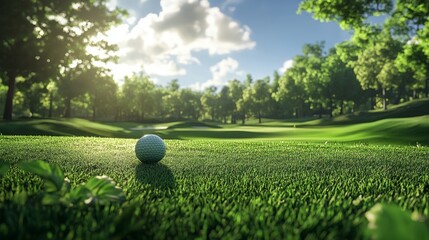 Perfectly framed tee shot moment, golf ball mid-flight, rich textures of grass and trees, scenic backdrop, natural light effects, golf mastery, natural scenery